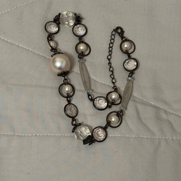 Faux Pearl & Clear Bead Several Sizes Necklace w/Dark Brown Chain Vintage - Picture 8 of 9